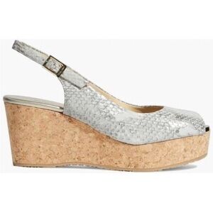 Jimmy Choo sz 4.5 snake effect glitter peep toe slingback cork wedge